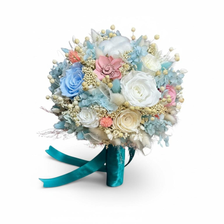 Buchete cu plante uscate - Buchet mireasa nasa nunta cu trandafiri naturali criogenati , hortensie si flori naturale uscate