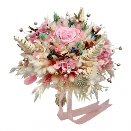 Buchete cu flori criogenate - Buchet roze personalizabil cu trandafir, hortensie criogenata si elemente naturale uscate