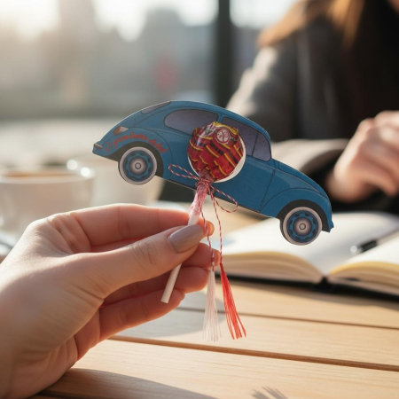 Martisor dulce pentru copii cu acadea si masinuta din MDF printat UV [1]