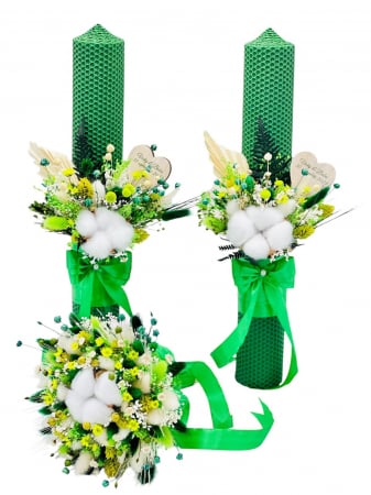 Lumanari cununie - Set Lumanari si buchet pentru nunta, alb-verde, personalizabile cu nume si data, Plante Uscate ,Bumbac, Aranjament Frontal - Eventissimi®