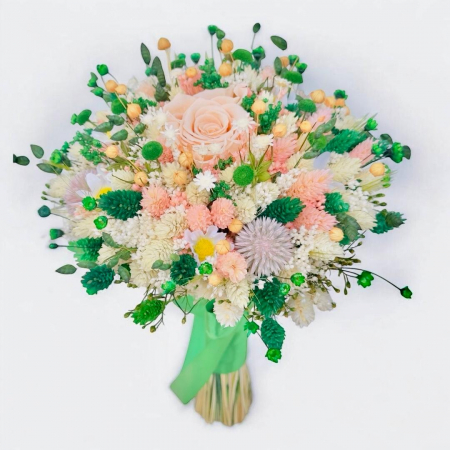 Buchete Cadou - Buchet mediu personalizabil cu trandafir criogenat si flori  naturale uscate alb-somon-verde