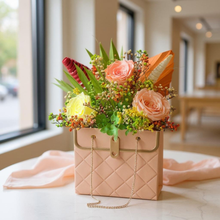 Poseta decorativa eleganta cu aranjament somon-verde, trandafiri si hortensie criogenate [1]