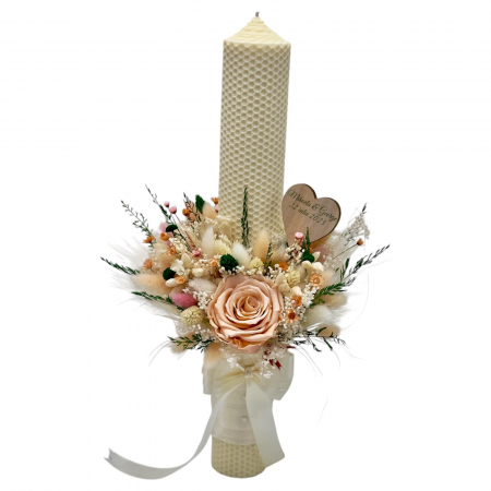 Lumanari cununie - Lumanare pentru cununie / botez, 40 cm, cu flori criogenate si plante uscate (personalizabila cromatic si cu text)