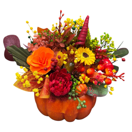 Aranjamente florale cu flori din matase - Aranjament floral de toamnă sau Halloween , în dovleac – decor handmade cu flori artificiale și naturale uscate