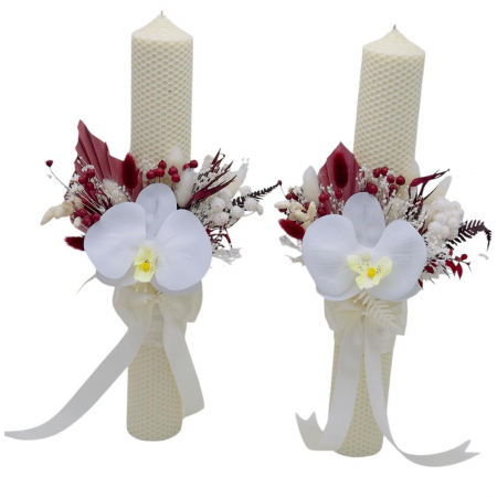 Lumanari cu flori din matase - Set lumanari fagure personalizabile, alb-grena, pentru nunta cu aranjament frontal cu orhidee real touch si plante naturale uscate, 40 cm