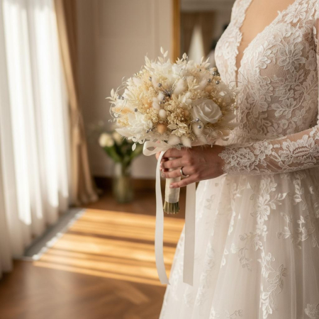 Set nunta lumanari cununie tip fagure si buchet mireasa cu trandafiri criogenati – decor floral premium personalizat [1]