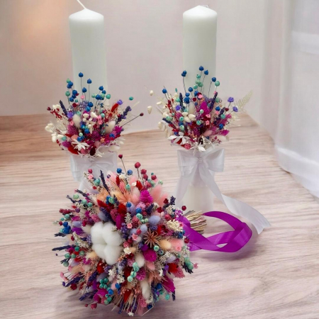 Set buchet si lumanari cu flori de bumbac si plante naturale uscate, lumanari parafina - Multicolor [1]