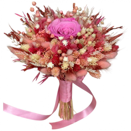 Buchete cu flori criogenate - Buchet roz intens  personalizabil cu trandafiri criogenati si flori  naturale uscate