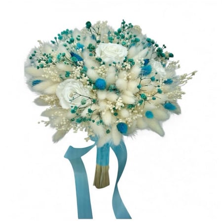 Buchete cu flori criogenate - Buchet  personalizabil cu trandafiri criogenati si flori  naturale uscate, predominant alb