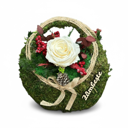 Globuri de craciun - Aranjament cu licheni naturali, trandafir criogenat și elemente decorative naturale – decor premium de lungă durată