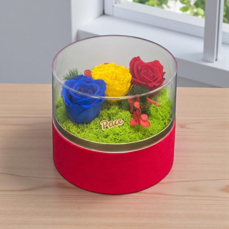 Aranjament tricolor cu trandafiri criogenati , in cutie catifea cu capac detasabil [1]