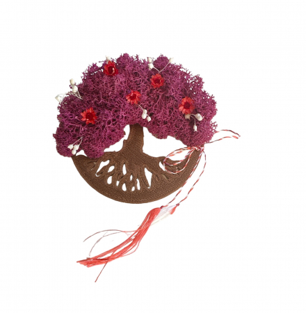Pomisori cu licheni - Magnet de frigider pomul vietii cu licheni si flori naturale uscate (Fcsia / Bronz)