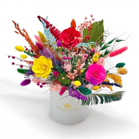Aranjamente florale cu flori din matase - Aranjament Floral cu Flori Naturale Uscate – Cutie Elegantă Albă