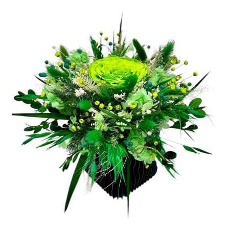 Sf. Valentin - Aranjament floral cu trandafir criogenat verde  si plante stanilizate, in vas negru 3D