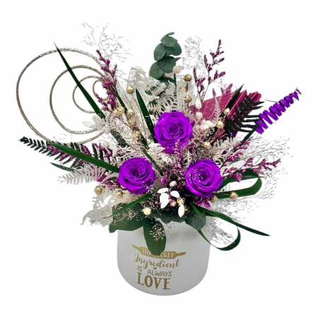 Paste - Aranjament floral cu trandafiri criogenati si plante criogenate (Multicolor)