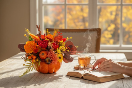 Aranjament floral de toamnă /  Halloween , în dovleac – decor handmade cu flori artificiale și naturale uscate [4]