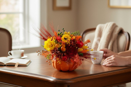 Aranjament floral de toamnă sau Halloween , în dovleac – decor handmade cu flori artificiale și naturale uscate [3]