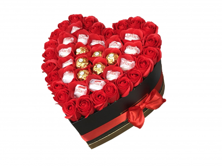 Aranjamente cu flori din foita de sapun - Aranjament Floral EVENTISSIMI - 20 de praline Ferrero Rocher & Rafaello, cutie „inima”, Rosu