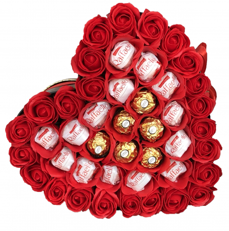 Aranjament Floral EVENTISSIMI - 20 de praline Ferrero Rocher & Rafaello, cutie „inima”, Rosu [2]