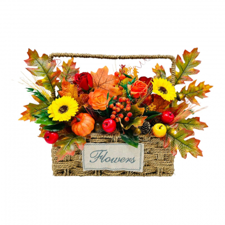 Cadouri - Aranjament floral in cromatica de toamna cu flori uscate si din foita de sapun in cos din rachita