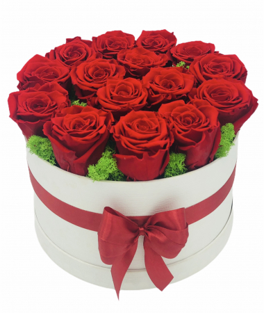Aranjament floral in cutie cadou, Eventissimi, 15 Trandafiri Naturali Criogenati, Licheni naturali stabilizati, Rosu/Alb, personalizabil [0]