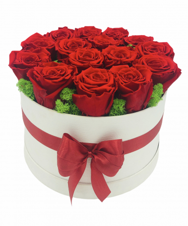 Aranjament floral in cutie cadou, Eventissimi, 15 Trandafiri Naturali Criogenati, Licheni naturali stabilizati, Rosu/Alb, personalizabil [3]