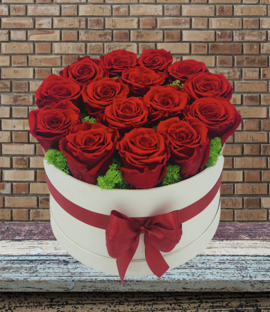 Aranjament floral in cutie cadou, Eventissimi, 15 Trandafiri Naturali Criogenati, Licheni naturali stabilizati, Rosu/Alb, personalizabil [1]