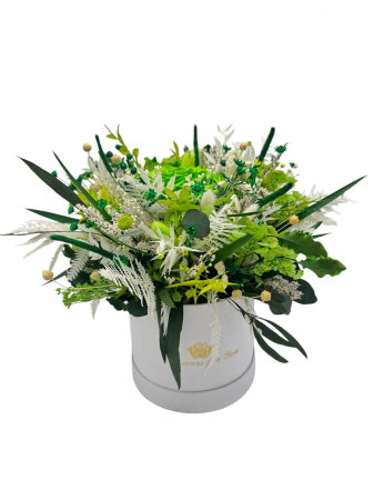 Paste - Aranjament floral in cutie, personalizabil cu licheni, trandafir si plante naturale criogenate si stabilizate (Verde)