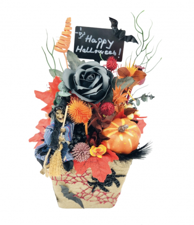 Aranjamente cu flori din foita de sapun - Aranjament floral mediu de Halloween cu flori uscate si figurina din rasina in suport ceramic (Portocaliu)