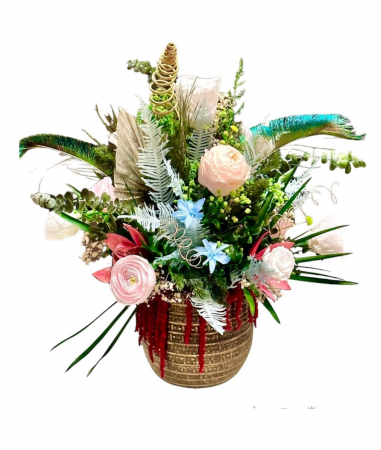Halloween - Aranjament floral personalizabil cu bujori, trandafiri si plante naturale criogenate si stabilizate