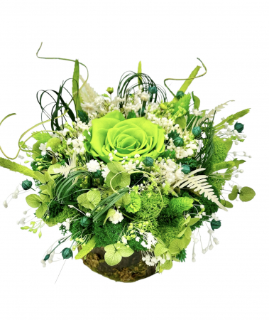 Aranjament floral personalizabil cu licheni, trandafir si plante naturale criogenate si stabilizate pe suport tip buturuga (Verde) [1]