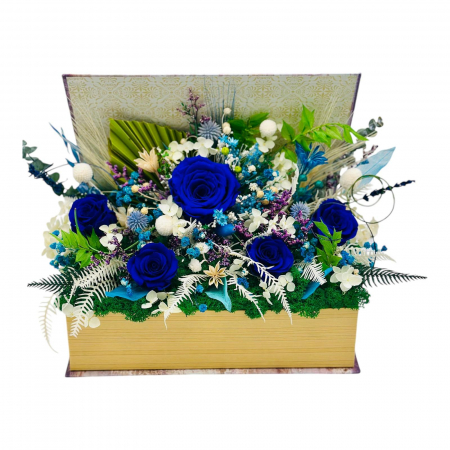 Ziua Mamei - Aranjament floral personalizabil mare, cu licheni, trandafiri si plante naturale criogenate si stabilizate in carte (Multicolor)