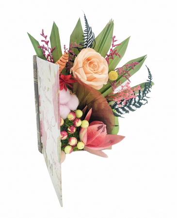 Aranjament floral personalizabil, Eventissimi, cutie cadou, carte, trandafir criogenat, licheni si plante uscate multicolor [0]