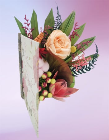 Aranjament floral personalizabil, Eventissimi, cutie cadou, carte, trandafir criogenat, licheni si plante uscate multicolor [3]