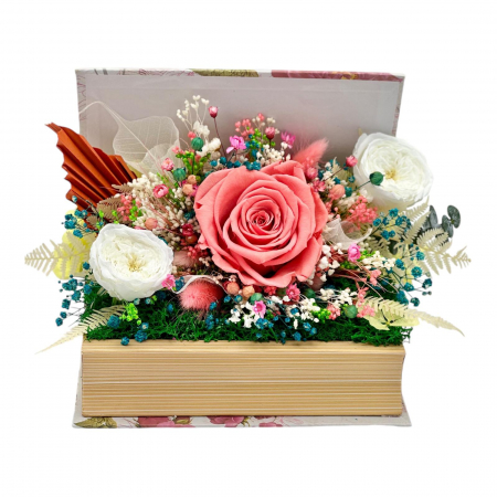 Paste - Aranjament floral personalizabil, Eventissimi, cutie cadou, carte, trandafirI criogenatI si plante uscate multicolor