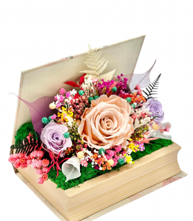 Halloween - Aranjament floral personalizabil, Eventissimi, cutie cadou, carte, trandafiri criogenatI si plante uscate multicolor