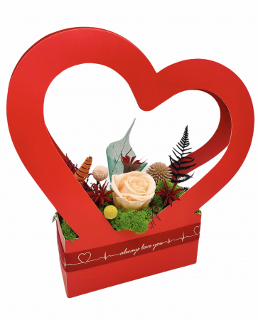 Aranjamente florale - Aranjament floral personalizabil, Eventissimi, Inima cu licheni si trandafir criogenat si plante uscate, Multicolor