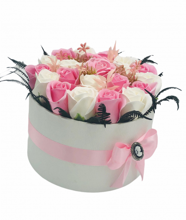 Aranjamente cu flori din foita de sapun - Aranjament Floral Personalizabil in Cutie Cadou, Eventissimi, Trandafiri, Alb / Roz