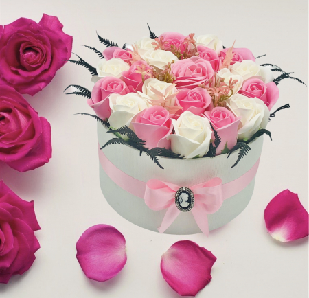 Aranjament Floral Personalizabil in Cutie Cadou, Eventissimi, Trandafiri, Alb / Roz [1]