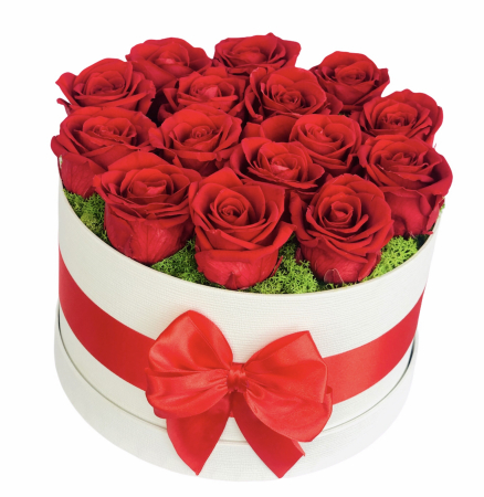 Aranjament floral personalizabil in cutie cadou, Eventissimi, Trandafiri Naturali Criogenati, Licheni naturali stabilizati, Rosu/Alb [0]