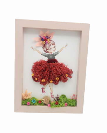 Tablouri cu licheni - Aranjament floral personalizabil in rama, Eventissimi, licheni stabilizati si plante naturale uscate, balerina, 22,5 cm x 17,5 cm