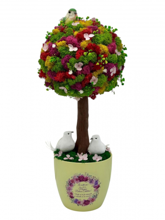 Magazin - Aranjament floral personalizabil, mediu 38 cm, tip copacel / pomisor cu licheni naturali stabilizati si flori criogenate si uscate in vas ceramic cu text personalizabil