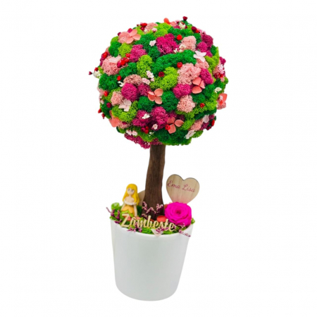 Pomisori cu licheni - Aranjament floral personalizabil, mediu 38 cm, tip copacel / pomisor cu licheni naturali stabilizati si flori criogenate si uscate in vas ceramic (Multicolor)