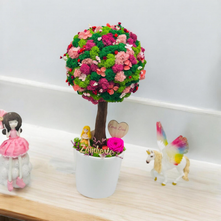 Aranjament floral personalizabil, mediu 38 cm, tip copacel / pomisor cu licheni naturali stabilizati si flori criogenate si uscate in vas ceramic (Multicolor) [2]