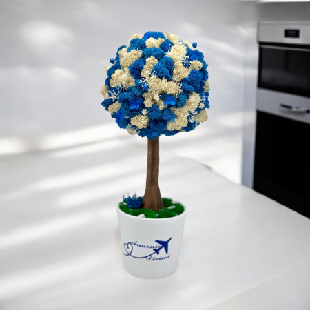 Aranjament floral personalizabil, mediu 38 cm, tip copacel / pomisor cu licheni naturali stabilizati si flori criogenate si uscate in vas ceramic (Alb-Albastru) [1]