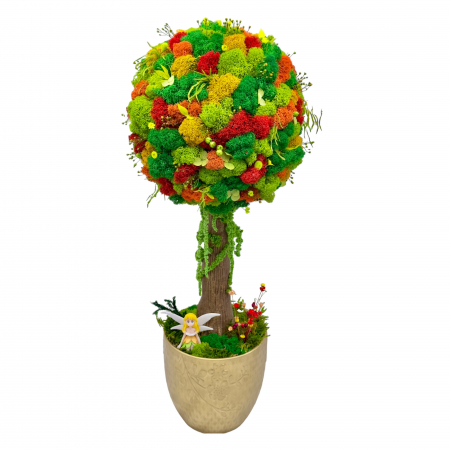 Pomisori cu licheni - Aranjament floral tip Copacel / Pomisor cu licheni naturali stabilizati si plante naturale criogenate, Multicolor, 55 cm, vaza ceramica