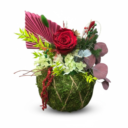 Globuri de craciun - Aranjament muschi, trandafir criogenat și plante naturale stabilizate