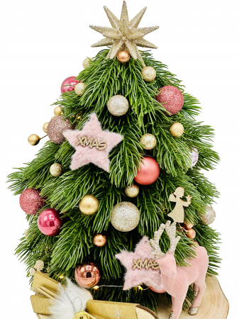 Bradut de Craciun cu globuri, accesorii si instalatie LED (Roz /Auriu) [1]