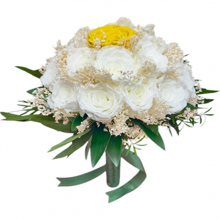 Buchete cu flori criogenate - Buchet cu 17 trandafiri naturali criogenati, plante verzi ,floarea miresei, rezistent , ideal pentru buchet mireasa sau ocazii speciale
