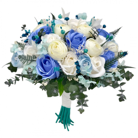 Buchete cu flori din foita de sapun - Buchet cu trandafiri din foita de sapun si bujori din matase, alb-albastru, 37 flori, personalizabil, rezistent pana la 10 ani